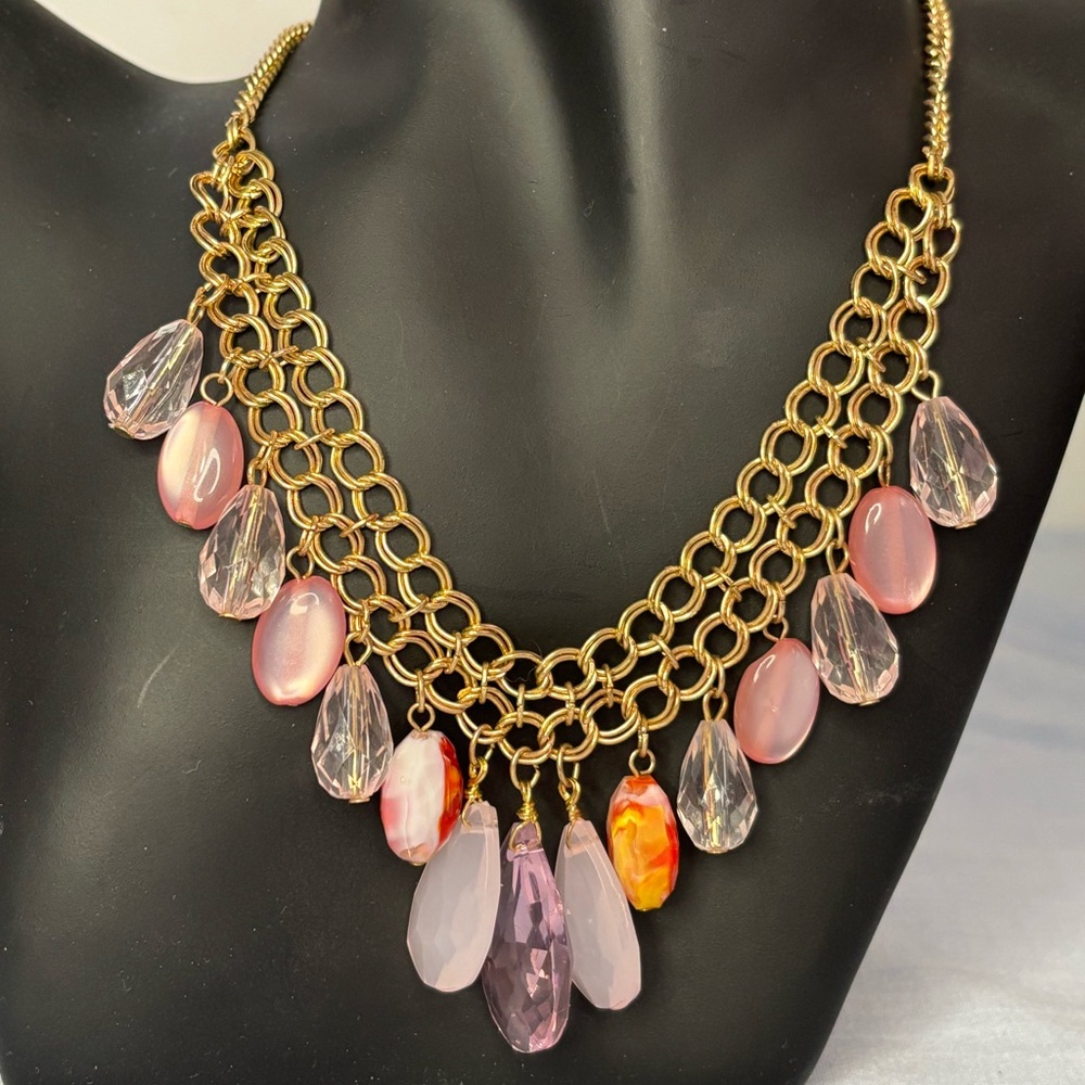 Gold-Tone Pink & Clear Teardrop Dangle Bib Fashion/Costume Necklace